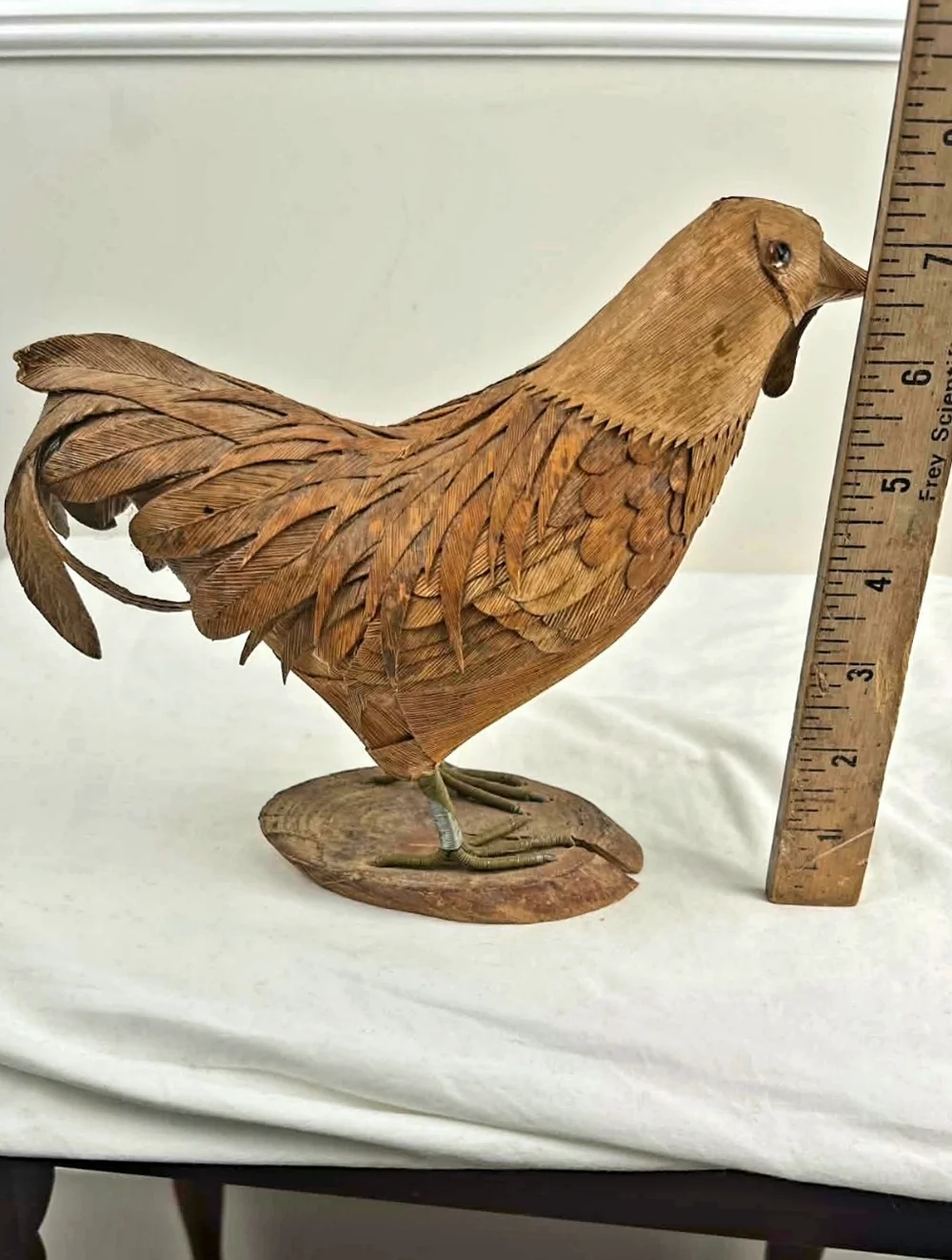 Vintage Folk Art Corn Husk & Wood Rooster Figurine